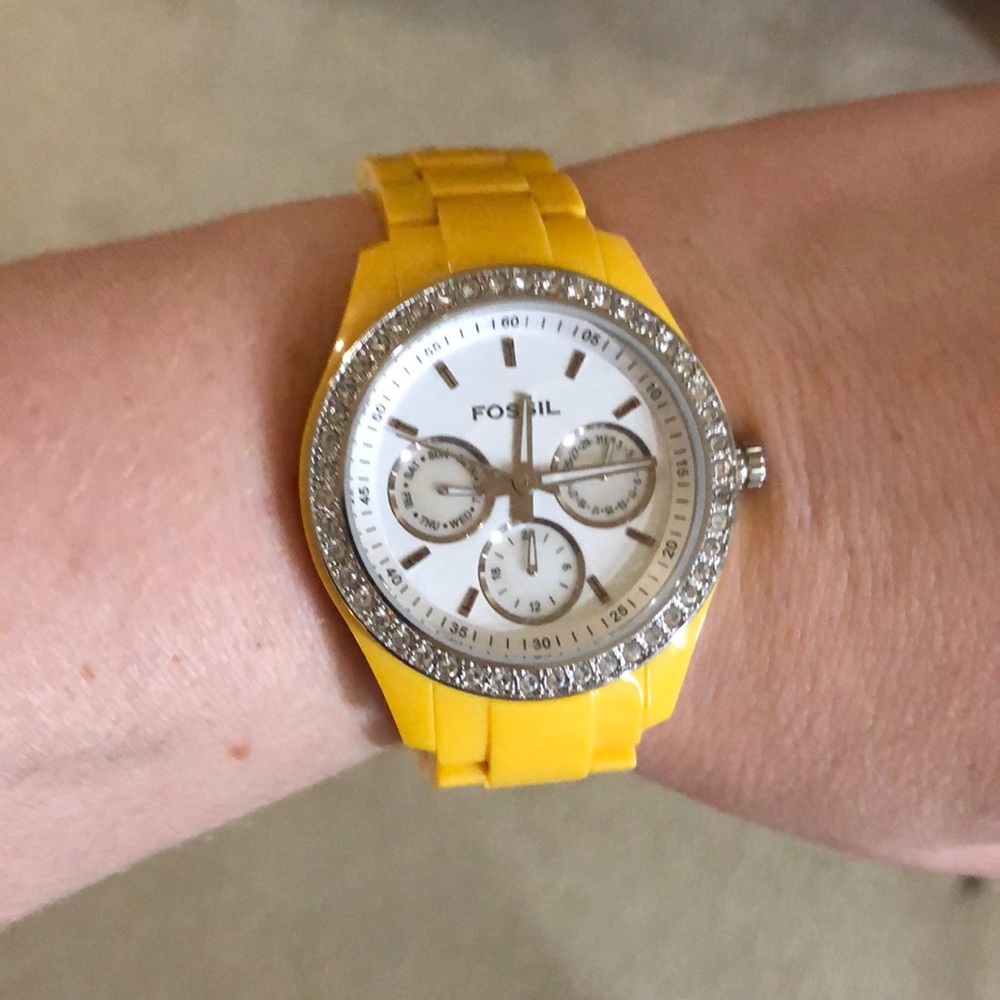 Yellow Fossil Watch with diamond face